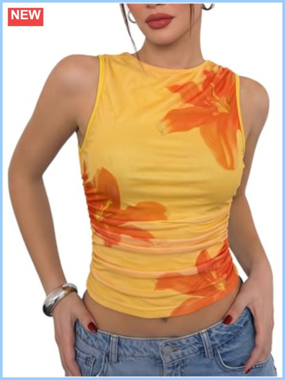 Floral Mesh Tank Top Y2k Ruched Slim Fit Going Out Top